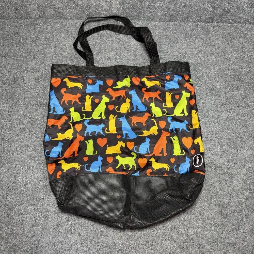 Nylon Fabric Tote Bag Animals Dogs Cats Handbag Black Multicolor (AOP) 15”x 13”